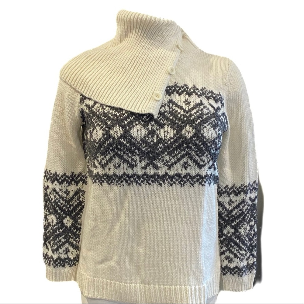 S,M,L Gray Cream Buttoned Turtleneck Knit Sweater